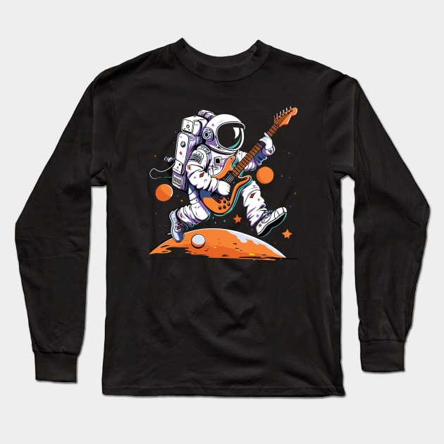 Space Traveller on Distant Planet with Space Guitar Long Sleeve T-Shirt by Graphic Duster